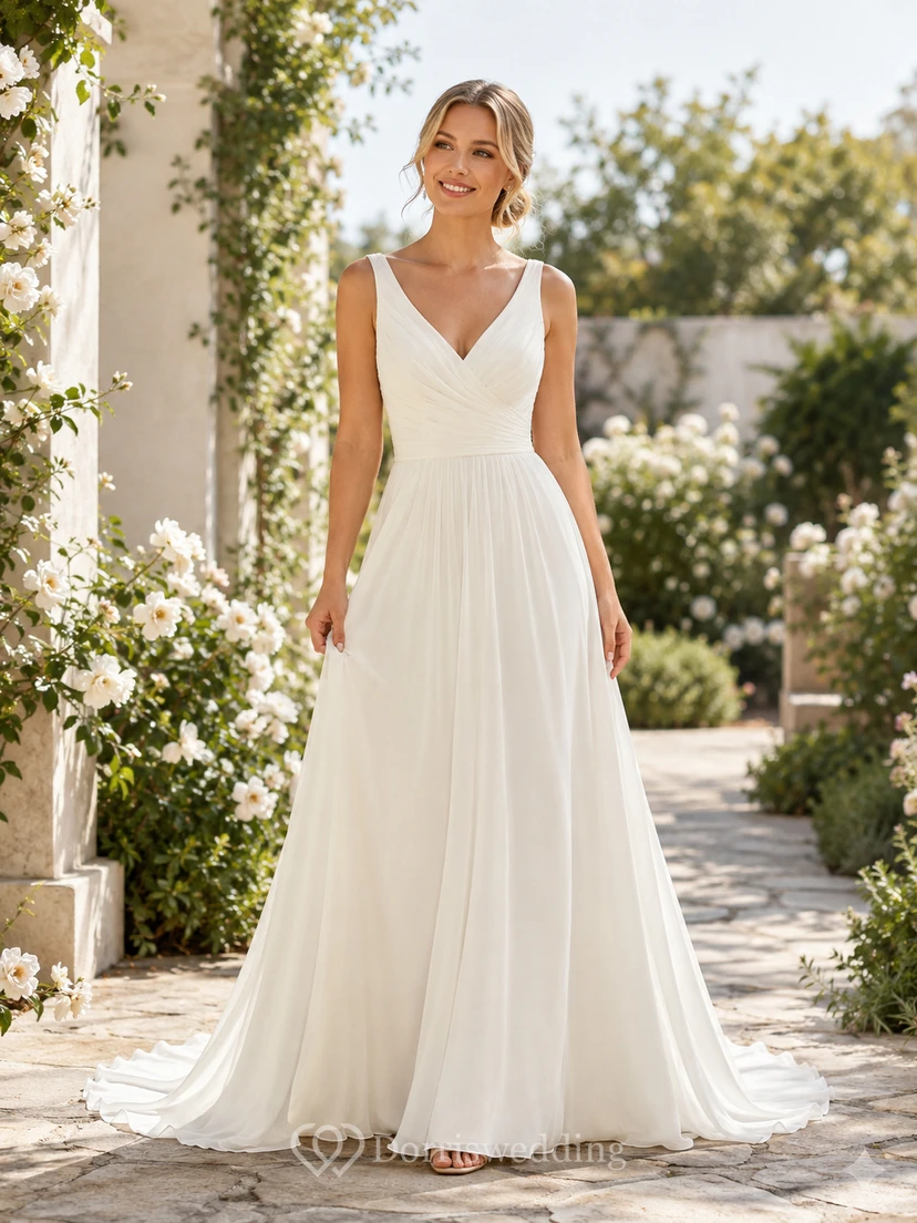 Chiffon-Hochzeitskleid, A-Linie, V-Ausschnitt, ärmellos, Kapellenschleppe, tiefer V-Ausschnitt am Rücken