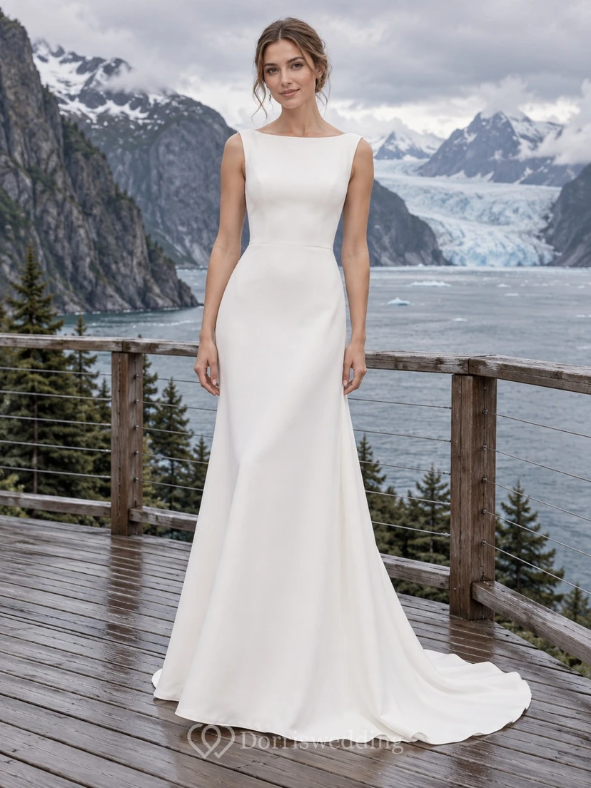 Elegante vestido de novia de crepé con escote barco, cola larga y botones en la espalda.