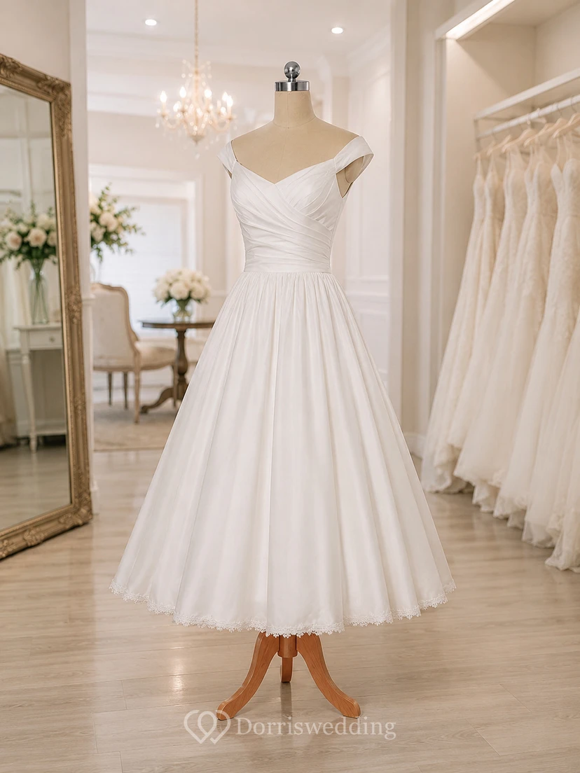 Robe de mariée en satin mi-longue, sans manches, à col en V et boutons dans le dos view 7
