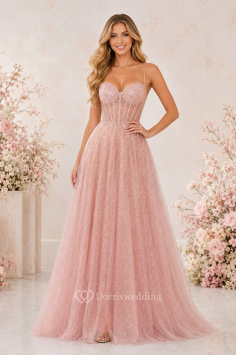 Vestido de fiesta de talla grande en tul rosa brillante con corte en A, tirantes finos y corpiño tipo corsé.