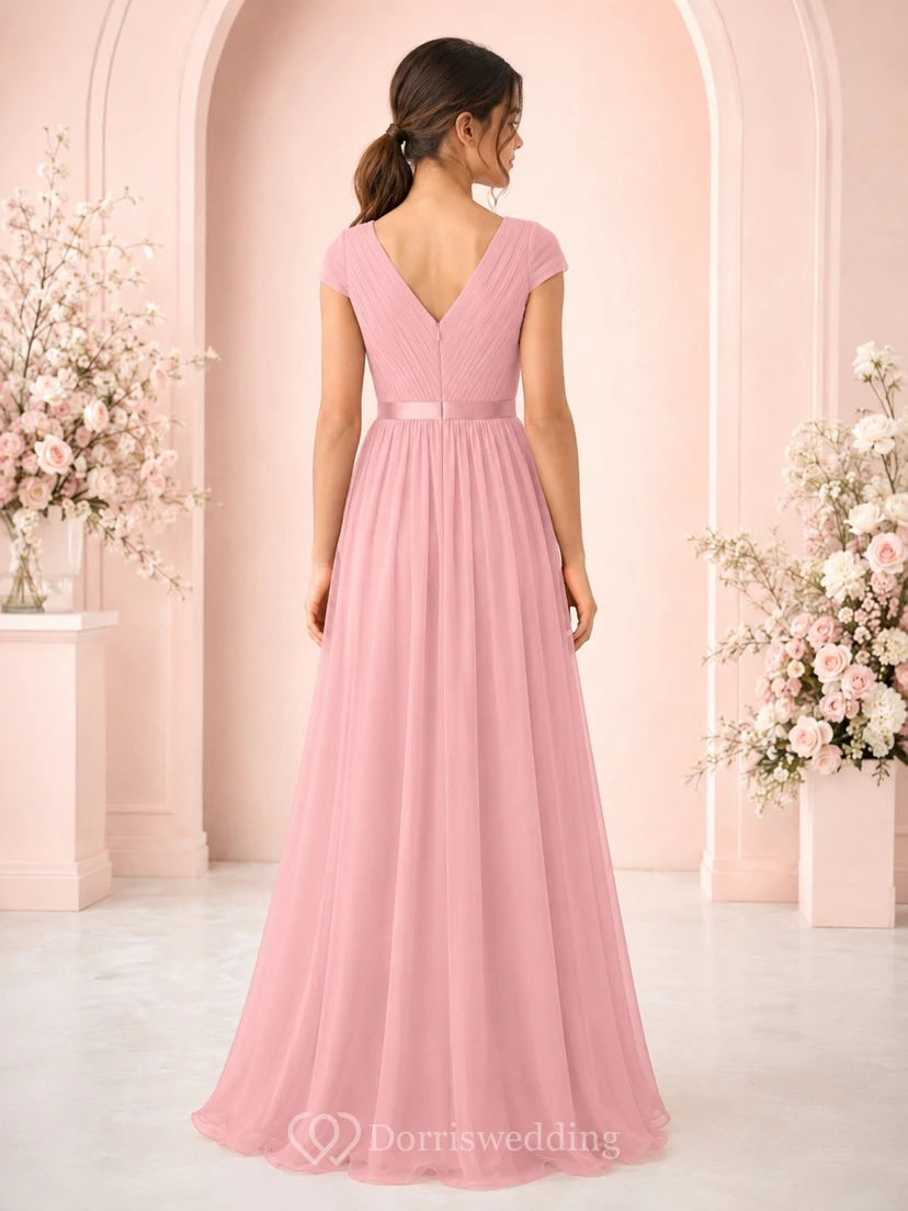 Elegantes, zartrosa Chiffon-Brautjungfernkleid mit kurzen Ärmeln, V-Ausschnitt, A-Linie und bodenlang view 2