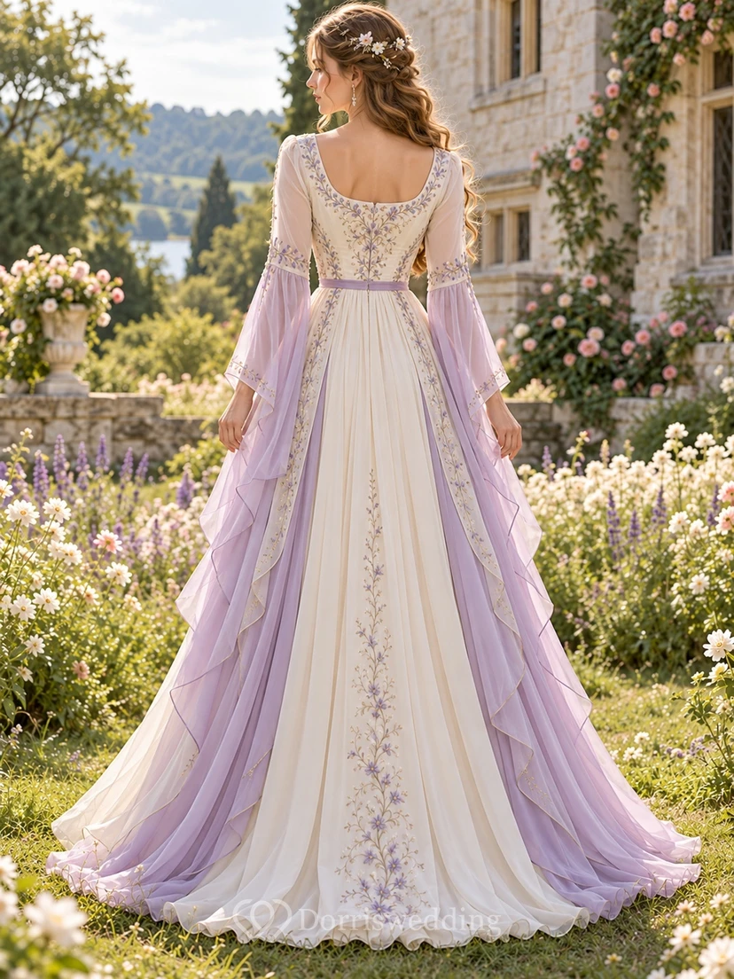 Medieval Lavender Floral Long Bell Sleeve Panelled Bridesmaid Dress view 2