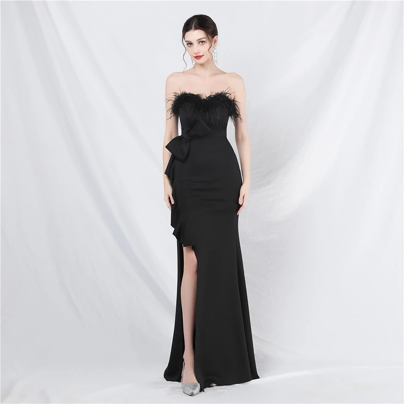 Crafted Custom-Made Ostrich Hair Off-Shoulder Tube Top Dinner Celebration Wedding Dress view 37