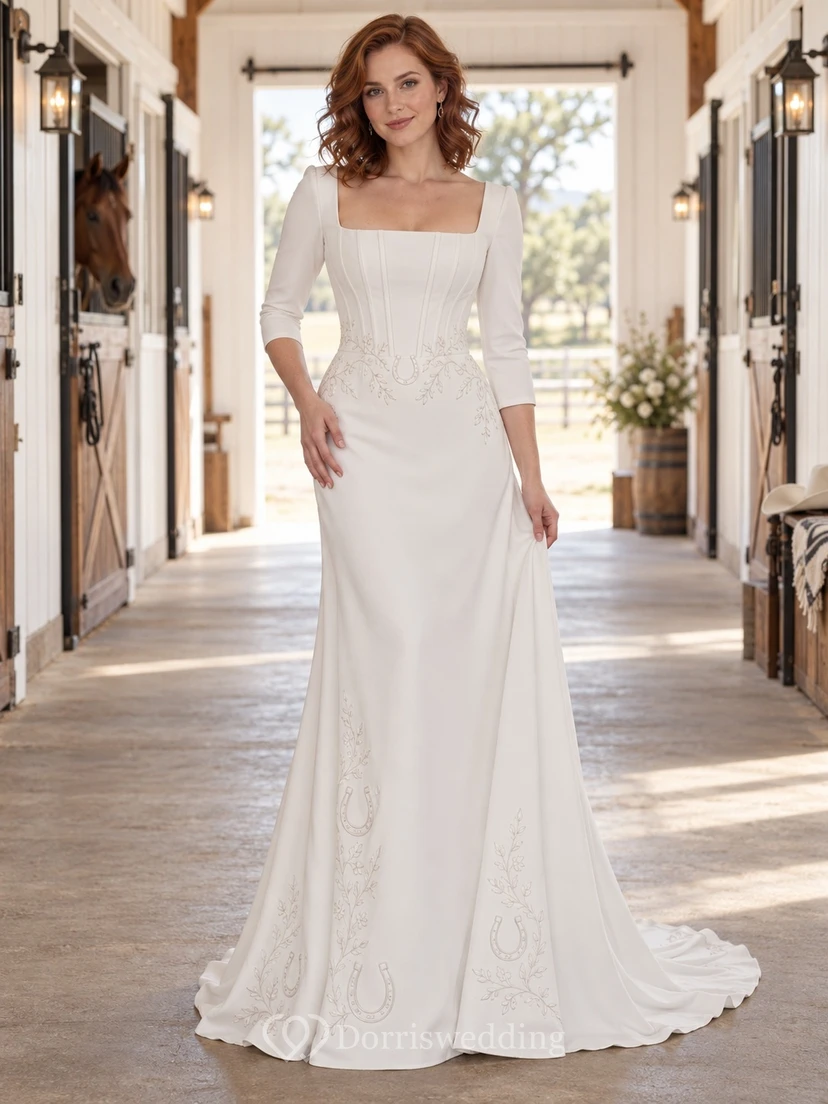 Western Country Square Neck Sheath Wedding Dress with Three Quarter Sleeves and Horseshoe Embroidery