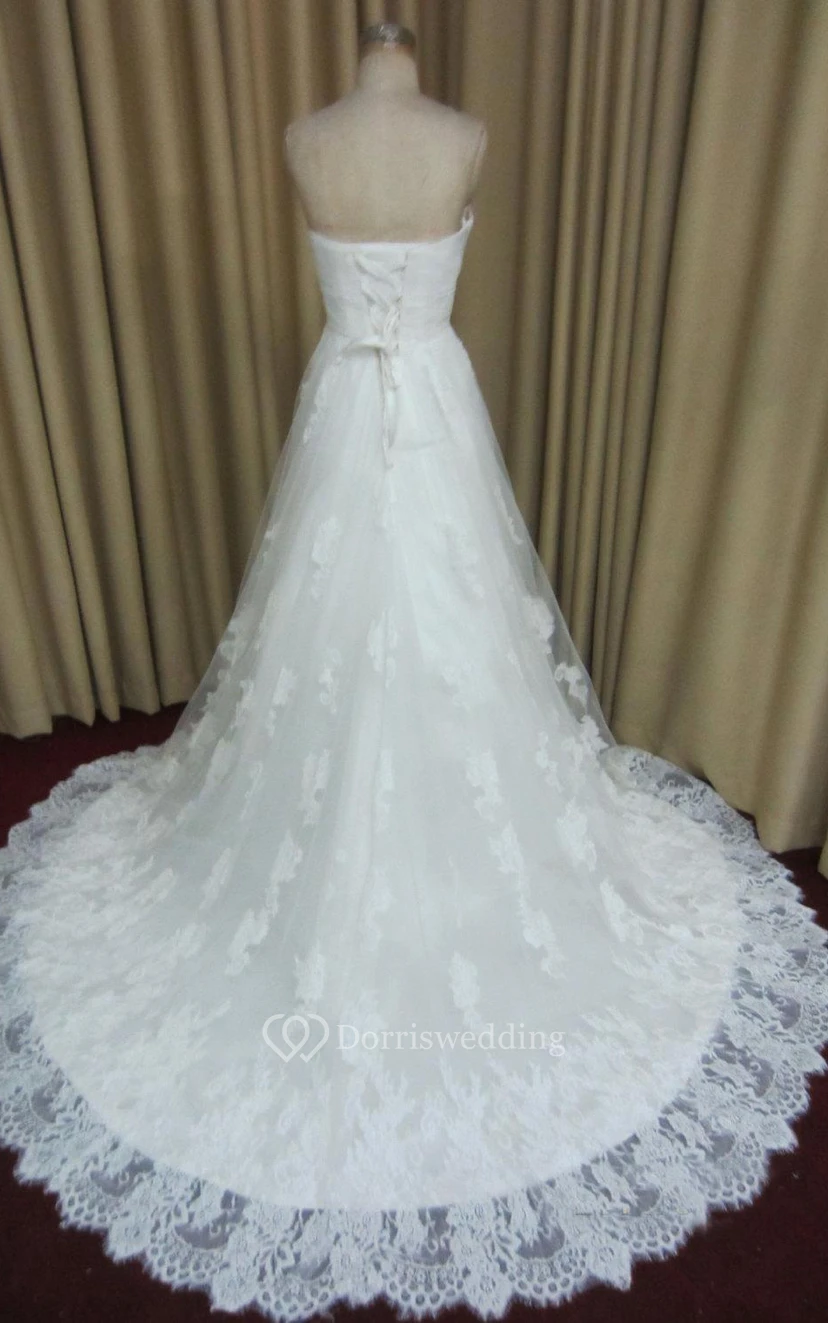 Sweetheart A-Line Lace Gown With Ruched Crisscross Bodice and Lace-Up Back view 3