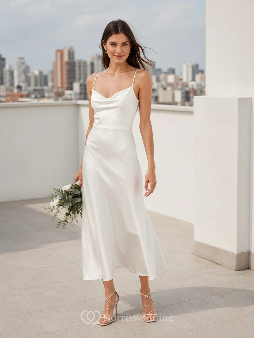 Elegant Civil Satin Sheath Cowl Spaghetti Asymmetric Midi Wedding Dress