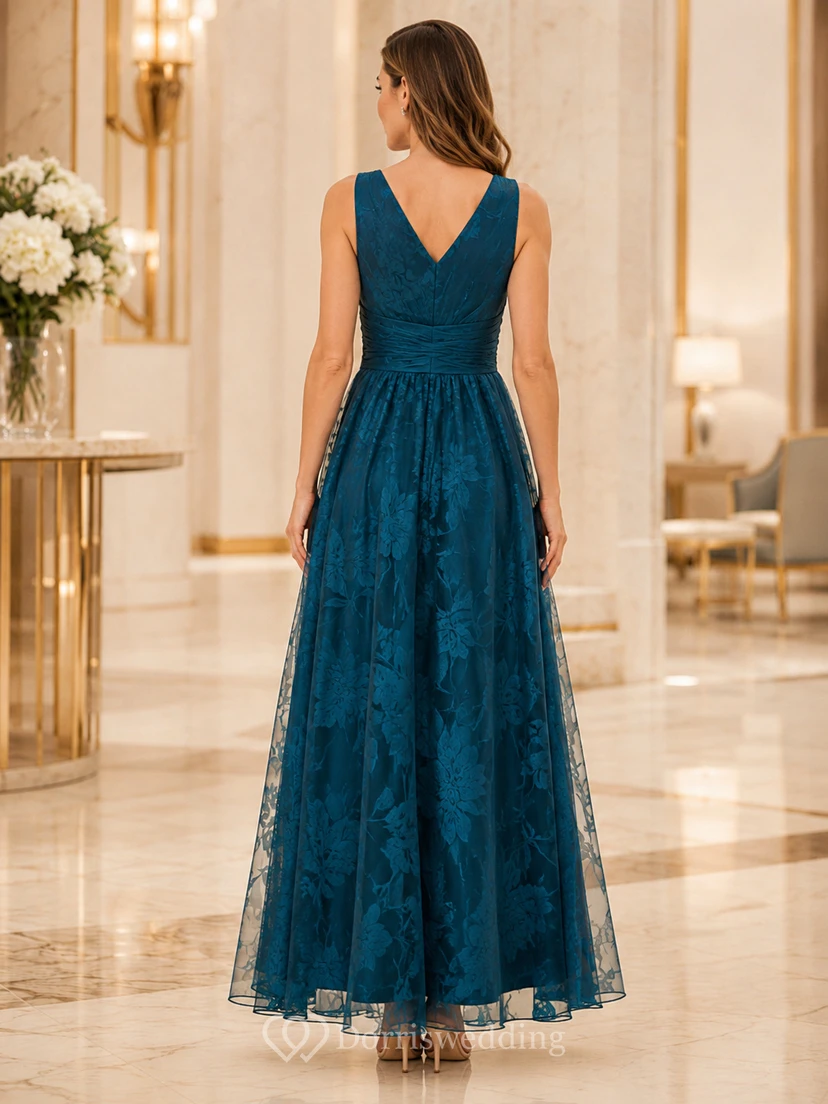Robe trapèze en tulle et dentelle turquoise à col en V, longueur thé view 2
