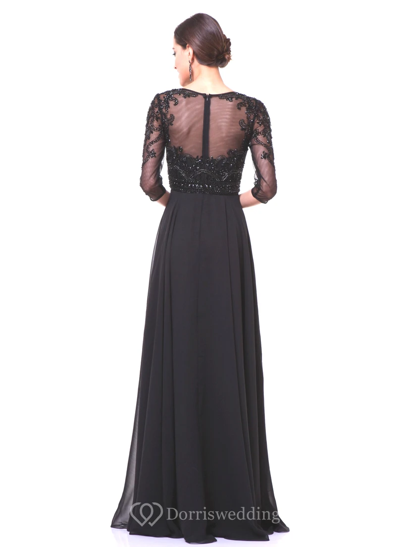 A-Line Floor-Length Bateau Half Sleeve Chiffon Illusion Dress With Beading view 2