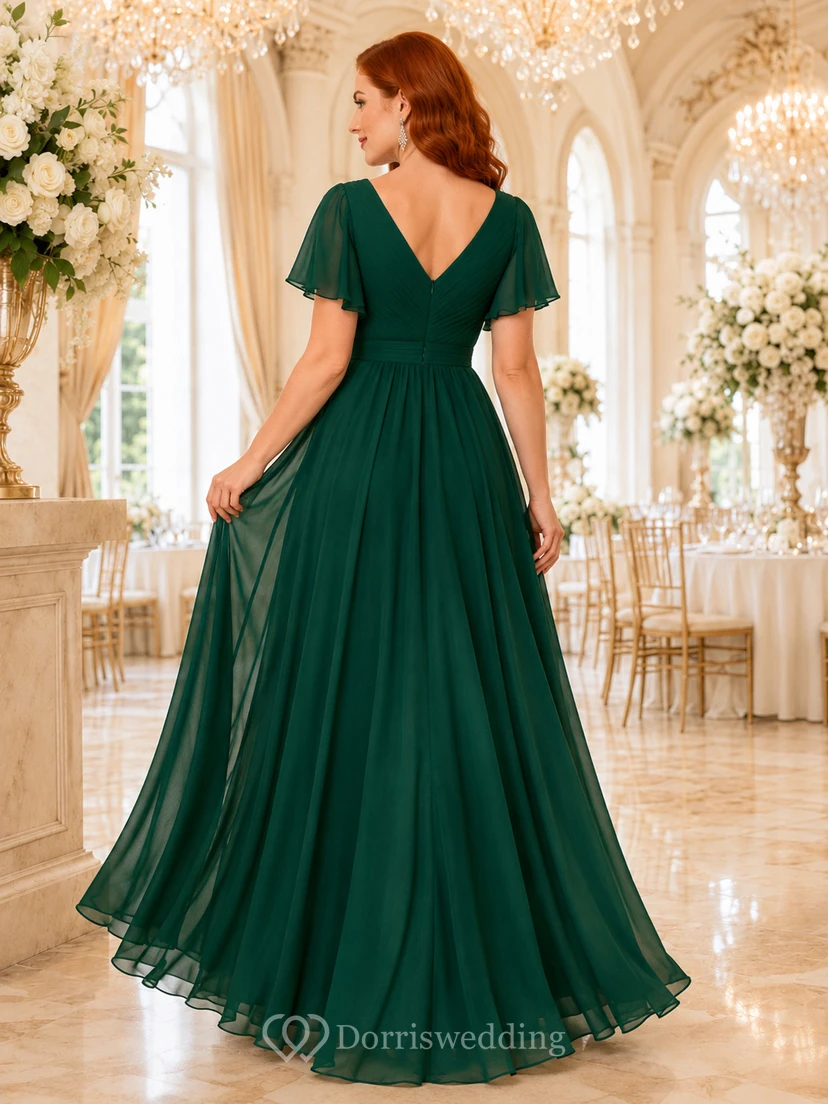 Emerald V-neck flutter sleeve chiffon A-line evening gown view 2
