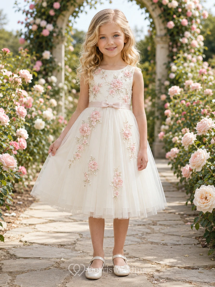 Robe de demoiselle d'honneur élégante et romantique, coupe trapèze, avec jupe en tulle, corsage sans manches et délicats détails floraux.