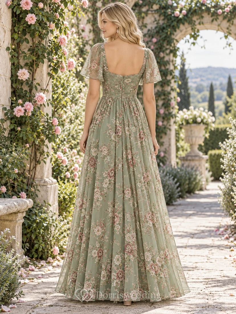 Vestido de dama de honor de gasa con corte en A, escote corazón y estampado floral verde salvia vintage. view 2