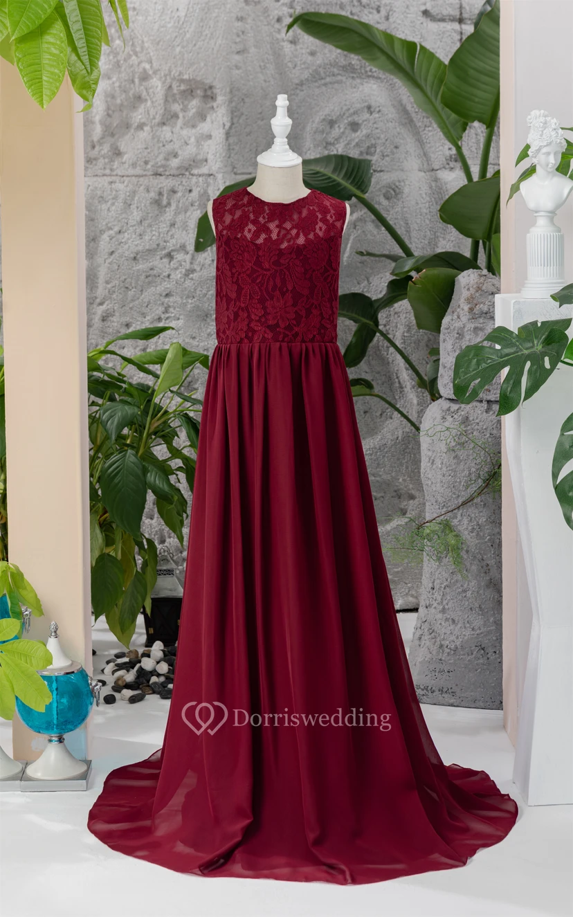 Lace Burgundy Chiffon Floor-length Sleeveless Flowergirl Dress video preview