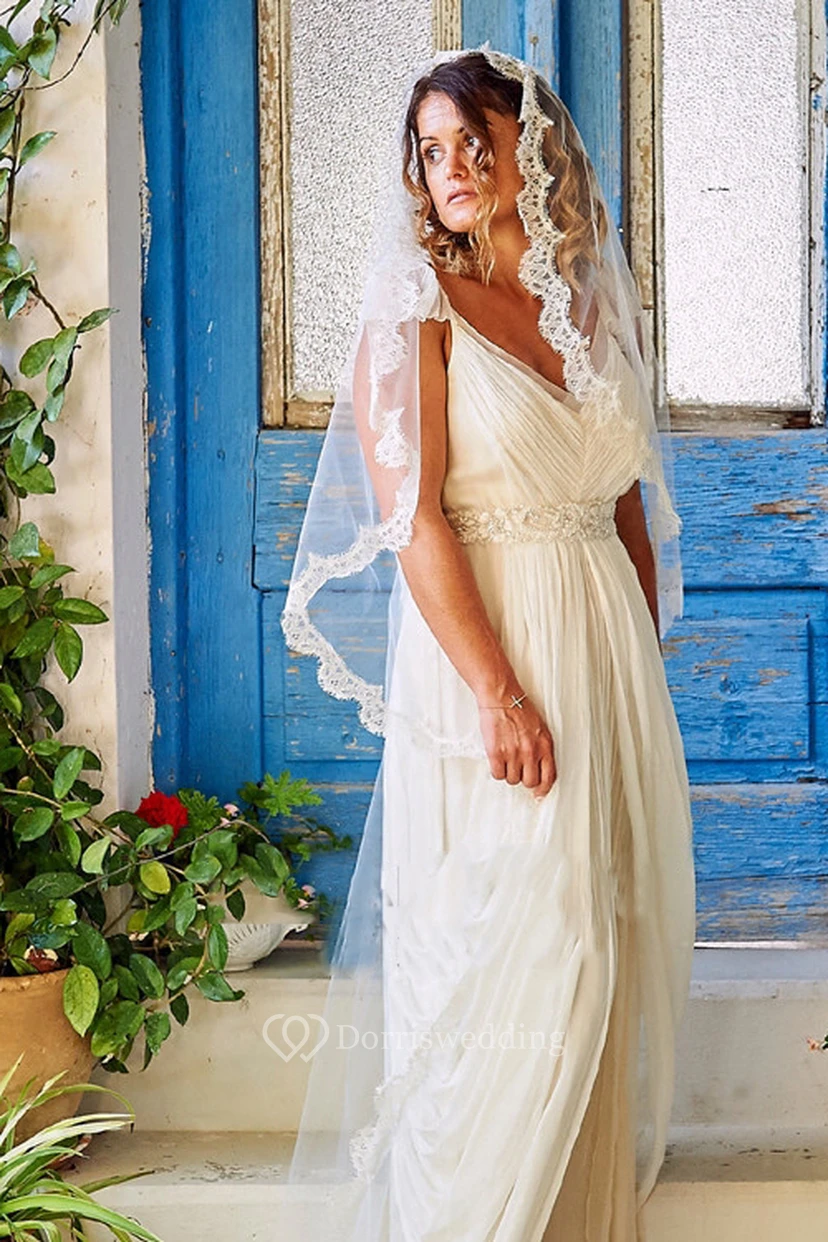 Sweep Tulle Wedding Veil with Scalloped Lace edge view 2