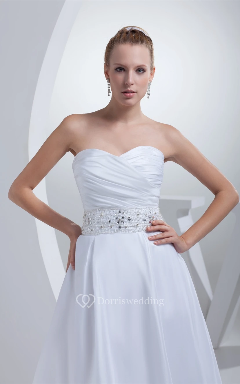 Sweetheart A-Line Tea-Length Jeweled Waist and Dress With Ruching view 4