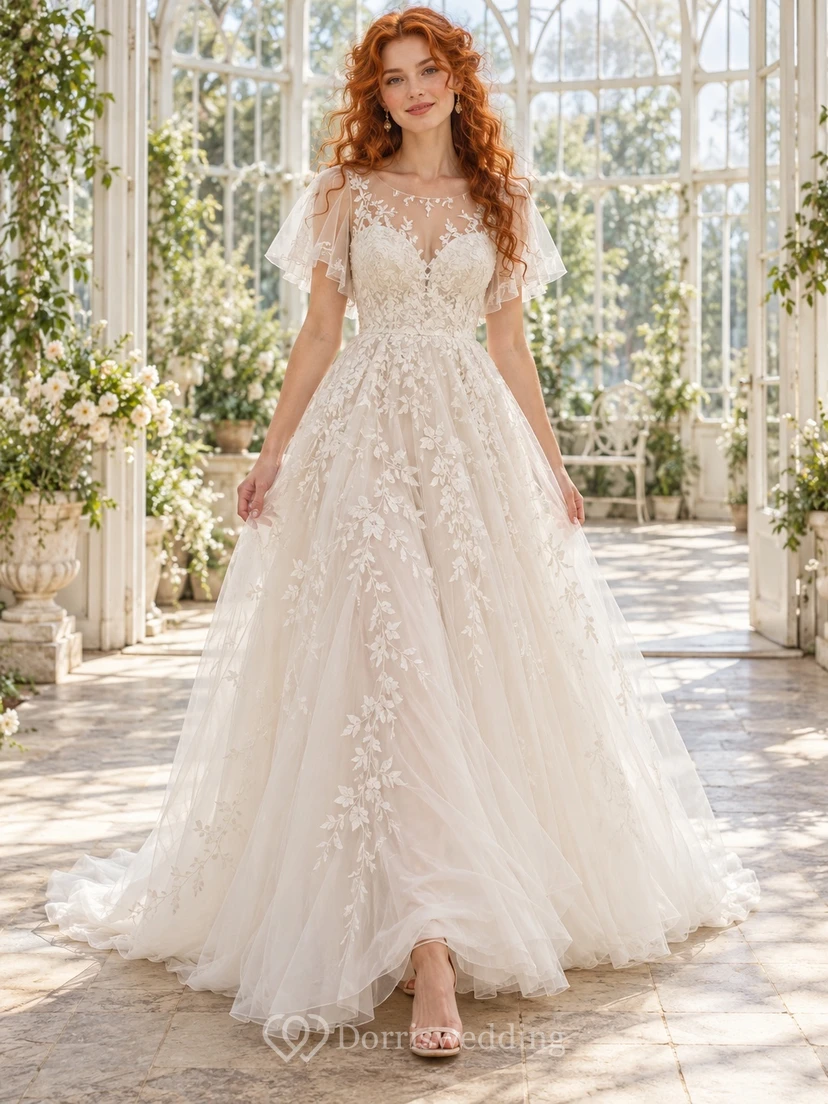Romantic Flutter Sleeve Floral Lace Illusion Neck A-line Bridal Wedding Dress