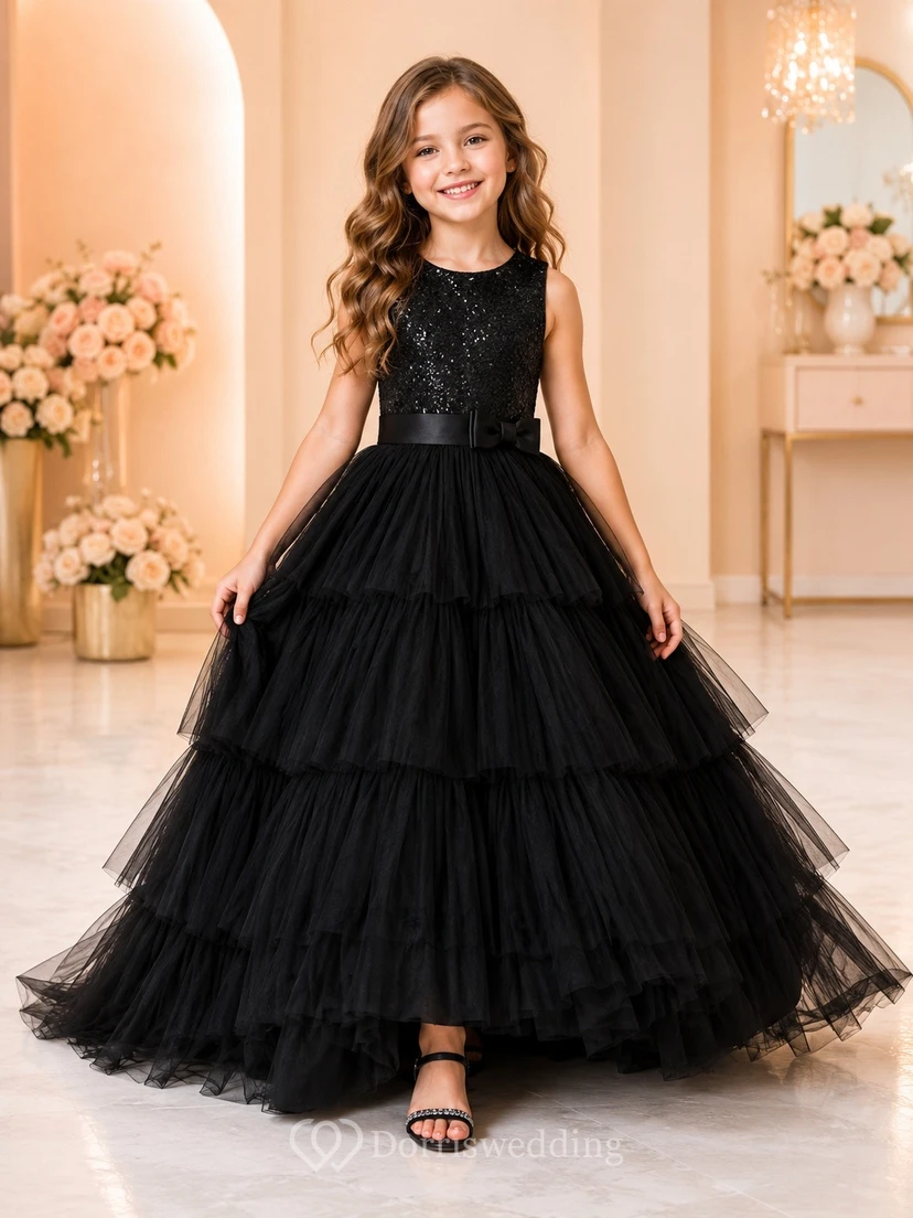 Black Sequined Sleeveless Tiered Tulle Ball Gown Flowergirl Dress