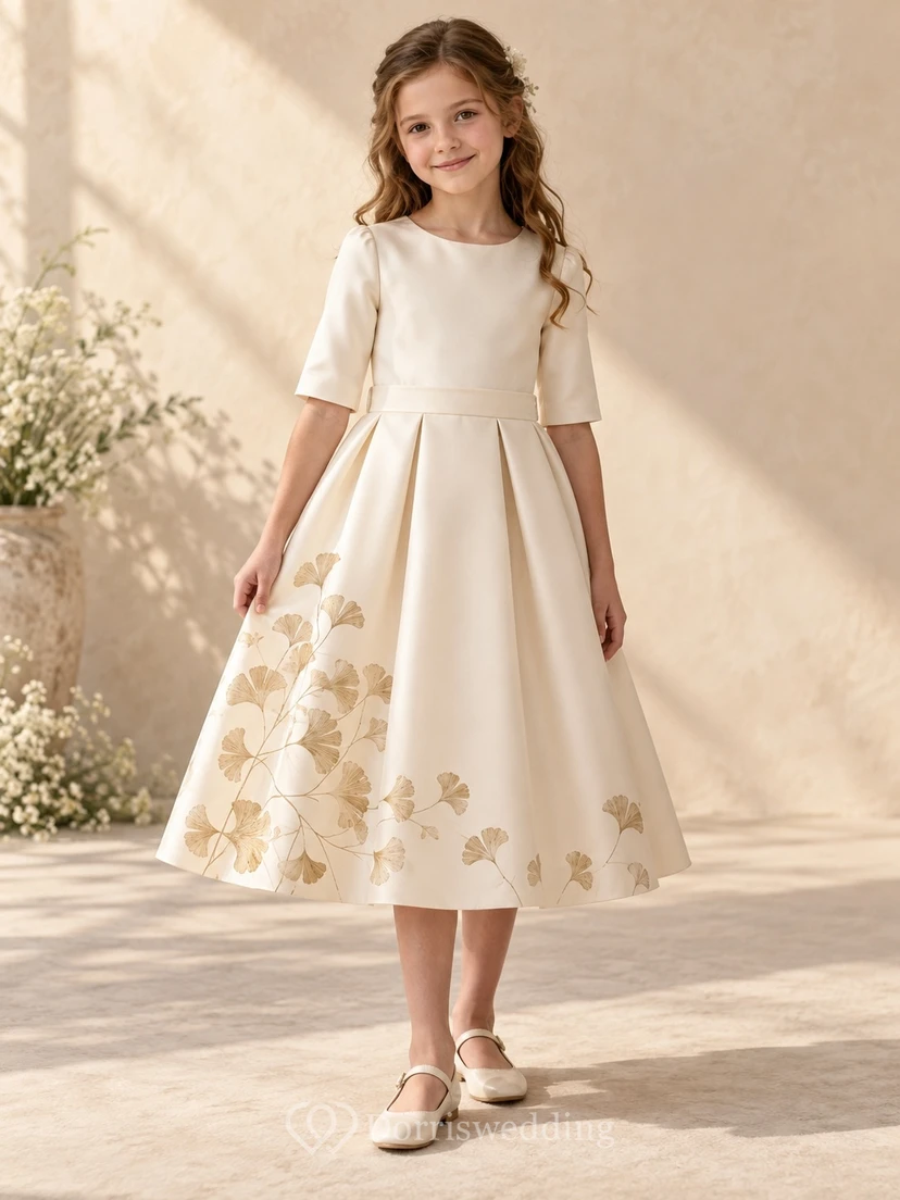 Schlichtes, dezentes cremefarbenes Teelängenkleid mit Schmucksteinen, Ellbogenärmeln, Ginkgozweig-Verzierung, plissiertem Bund und A-Linien-Schnitt für Blumenmädchen