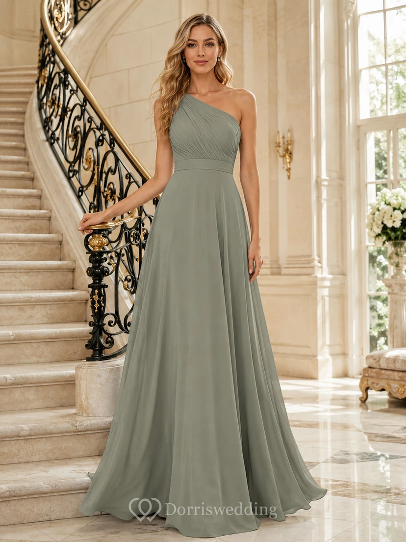 Mansion Formal Sage Simple Elegant A-Line Chiffon Bridesmaid Dress with One-Shoulder Sleeveless Floor-Length Pleated Open Back