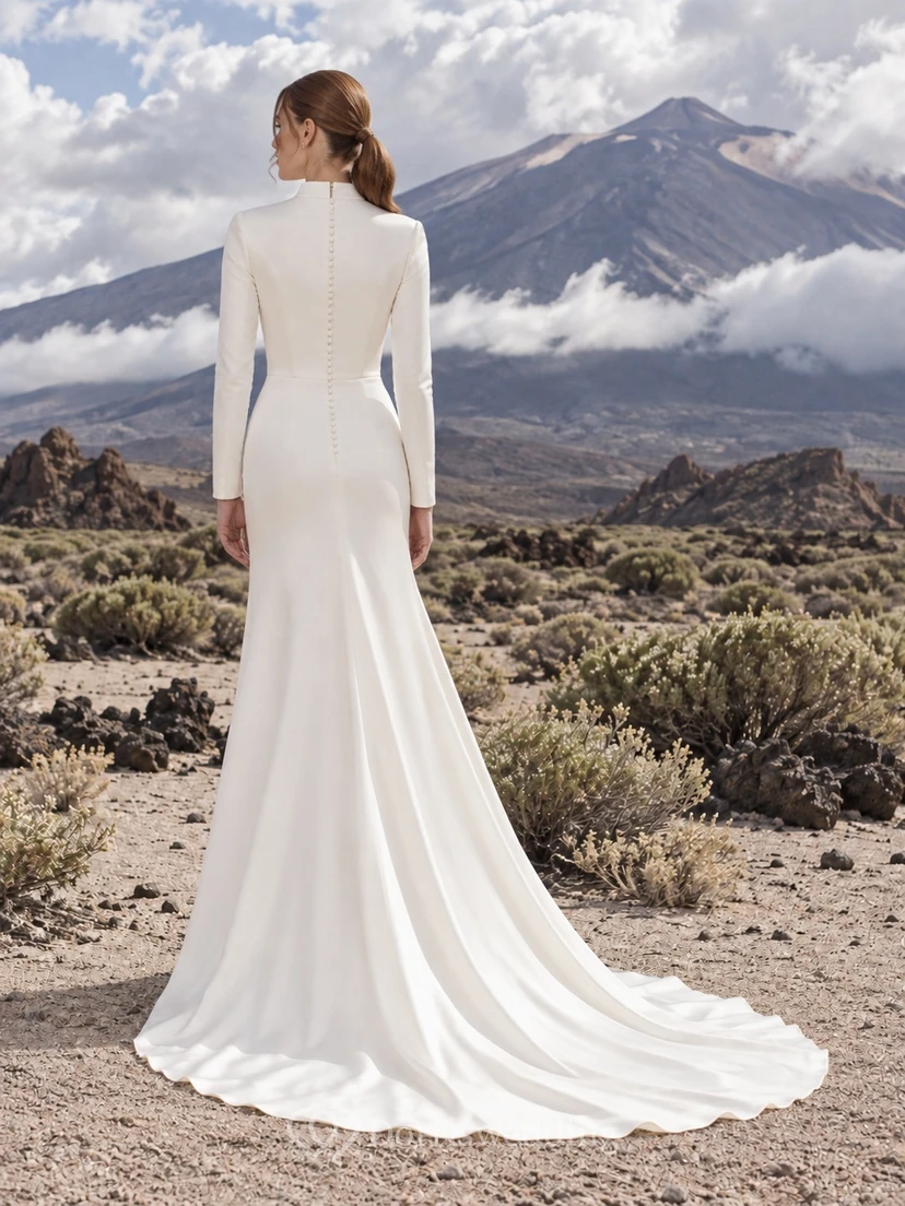 Vestido de novia sencillo de satén con cuello alto, manga larga y cola larga, estilo sirena. view 2