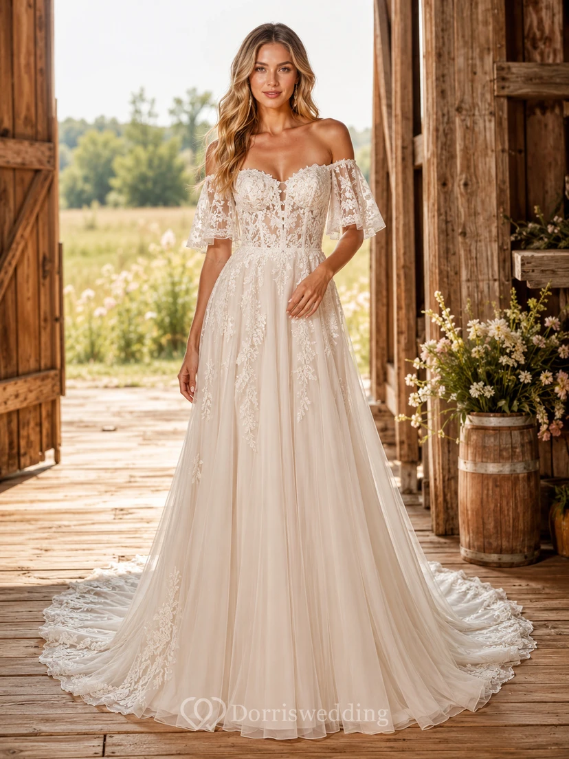 Vestido de novia de tul y encaje campestre, corte en A, hombros descubiertos, manga corta, cola capilla, espalda baja en V.