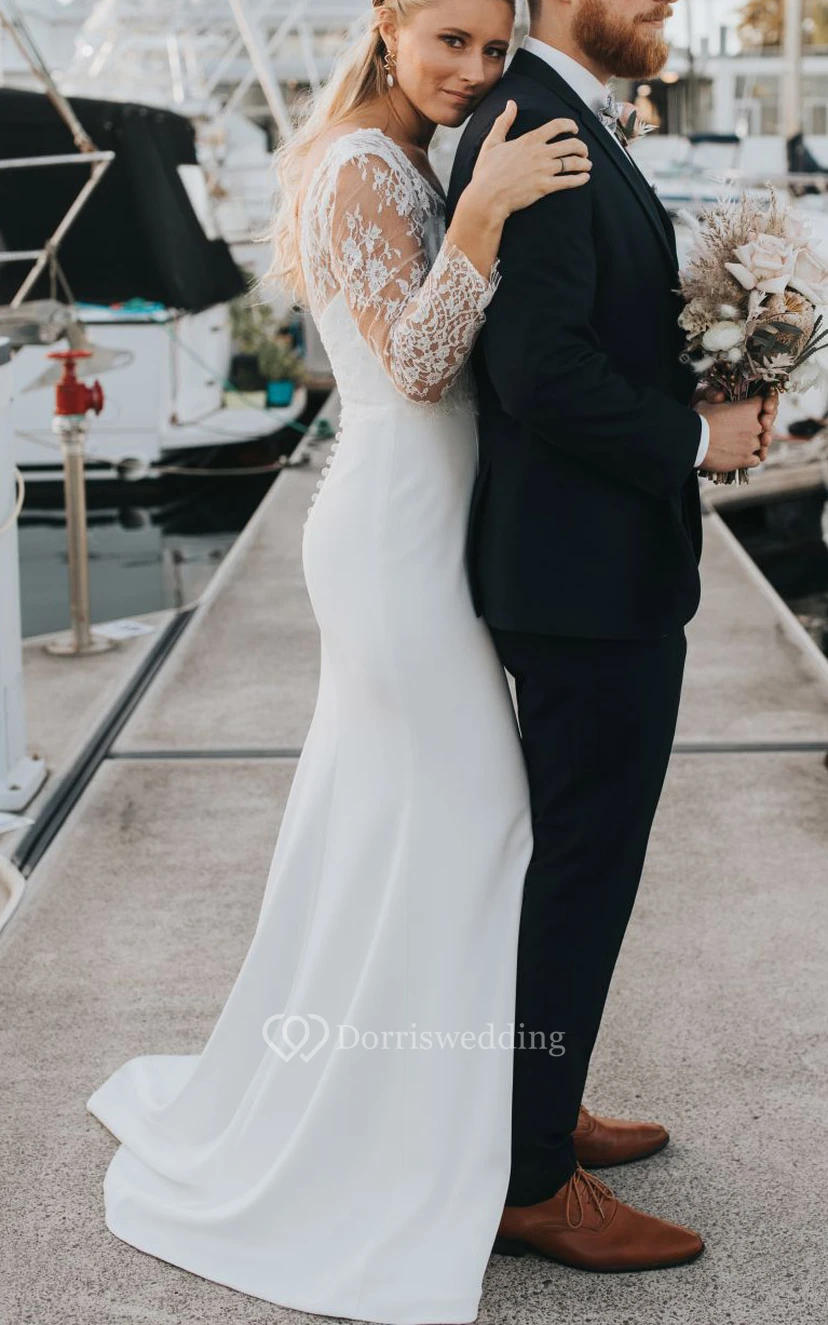Schlichtes, elegantes Brautkleid mit V-Ausschnitt, Spitze, Satinschleppe, langen Ärmeln und tiefem V-Ausschnitt am Rücken view 5