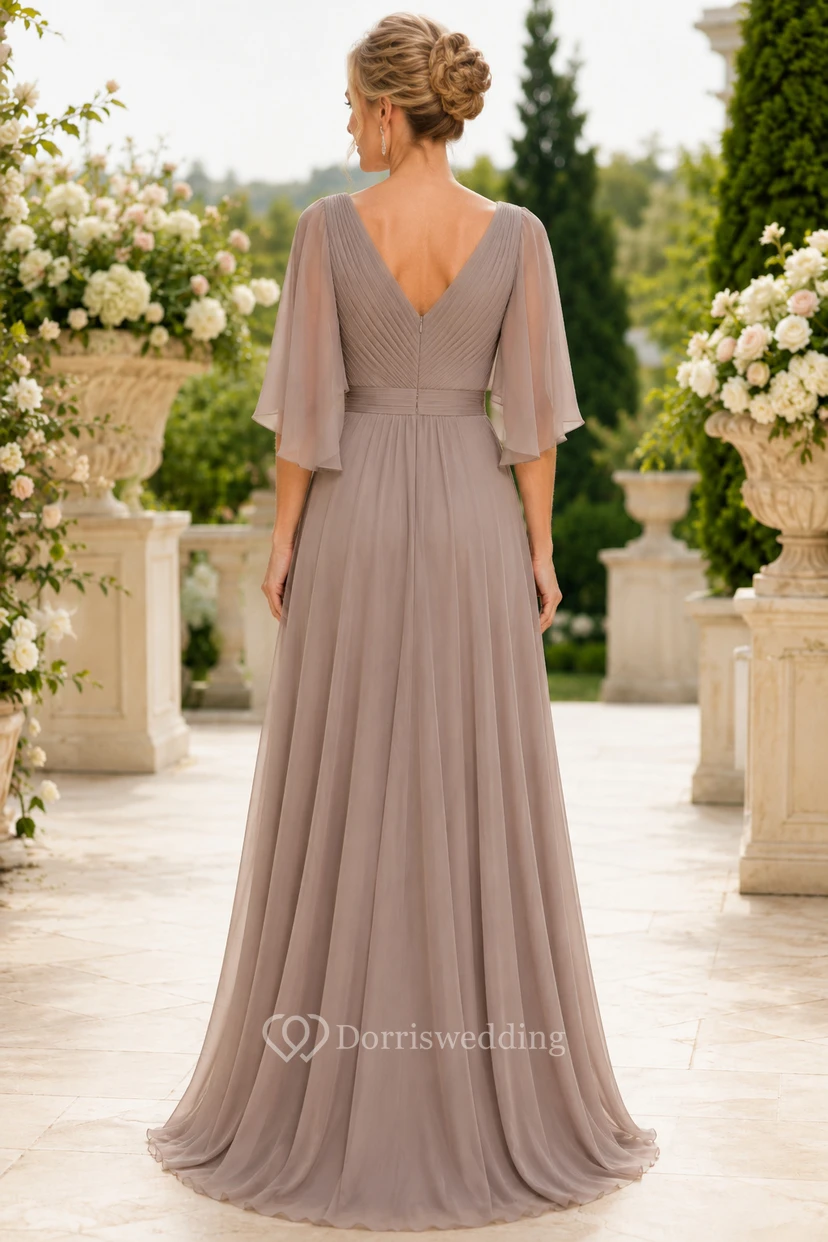 MOB-Kleid, taupefarbener Chiffon, A-Linie, flatternde Ärmel, V-Ausschnitt, bodenlang, drapiert view 2