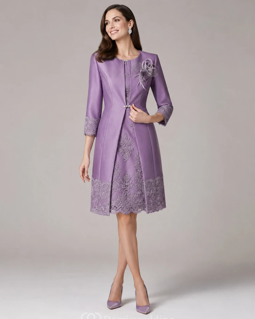 Jewel A-line Knee-length 3-4 Length Sleeve Satin Mother of the Bride Dress with Zipper Back view 10