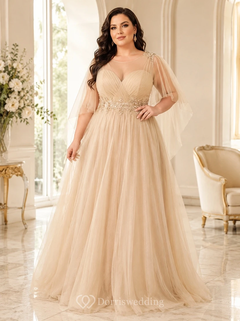 Champagne Tulle Square Neck Three-quarter Sleeve Plus Size A-Line Gown