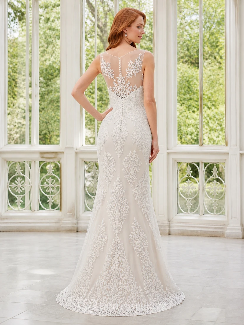 Vestido de novia modesto, de corte recto, cuello alto, sin mangas y largo hasta el suelo, de encaje. view 2