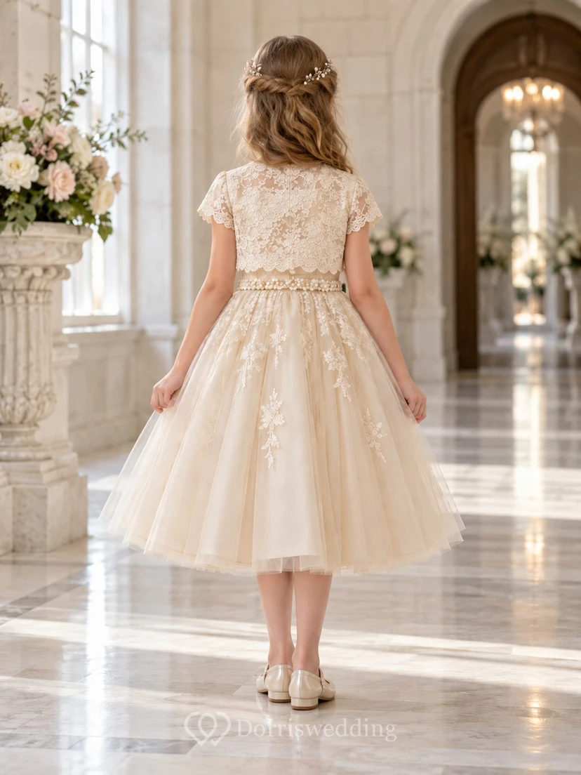 Tea-length Champagne Floral A-line Tulle Lace-bolero Short-sleeve Appliqued Flower Girl Dress view 2