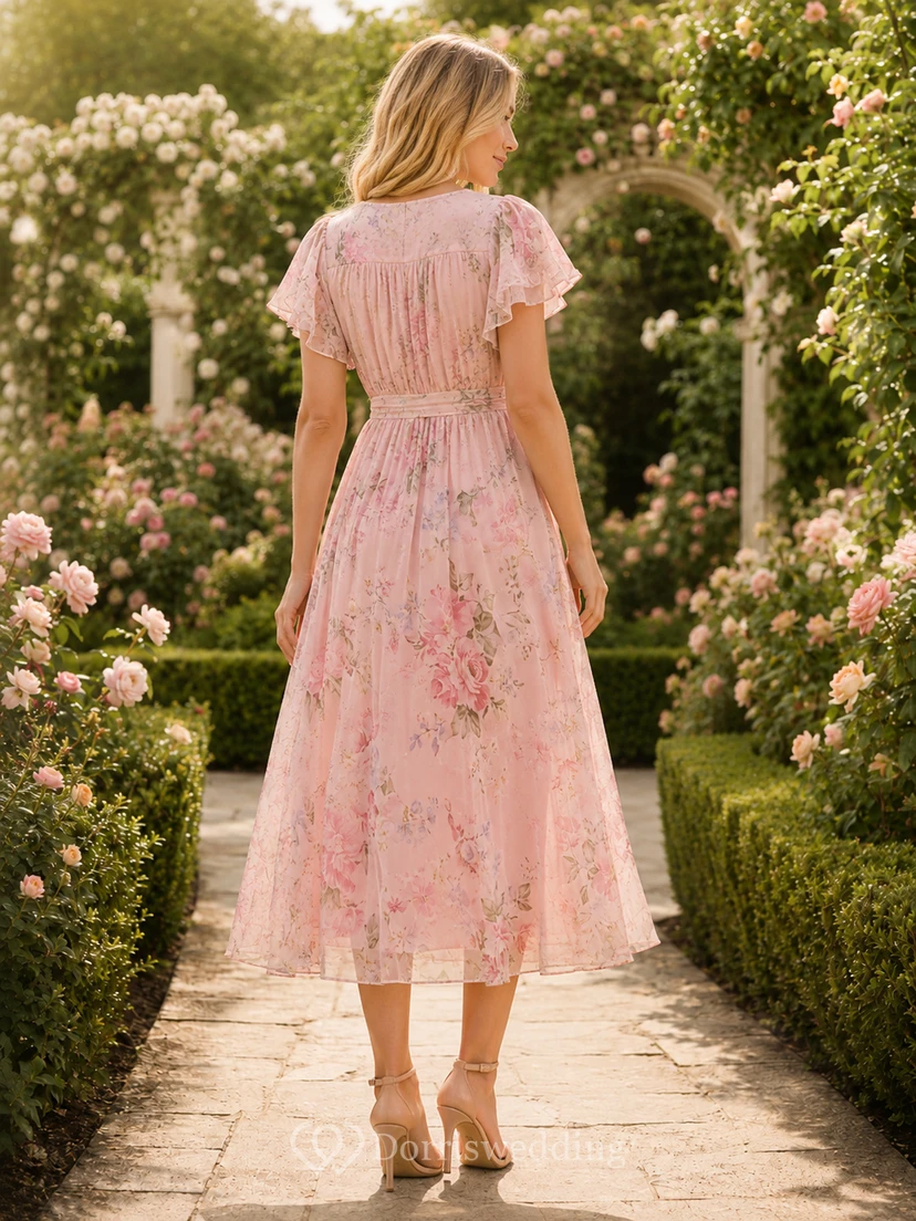 Blush Botanical Garden Wedding Guest Dress A-Line Chiffon V-Neck Short Sleeve Tea-Length Floral view 2