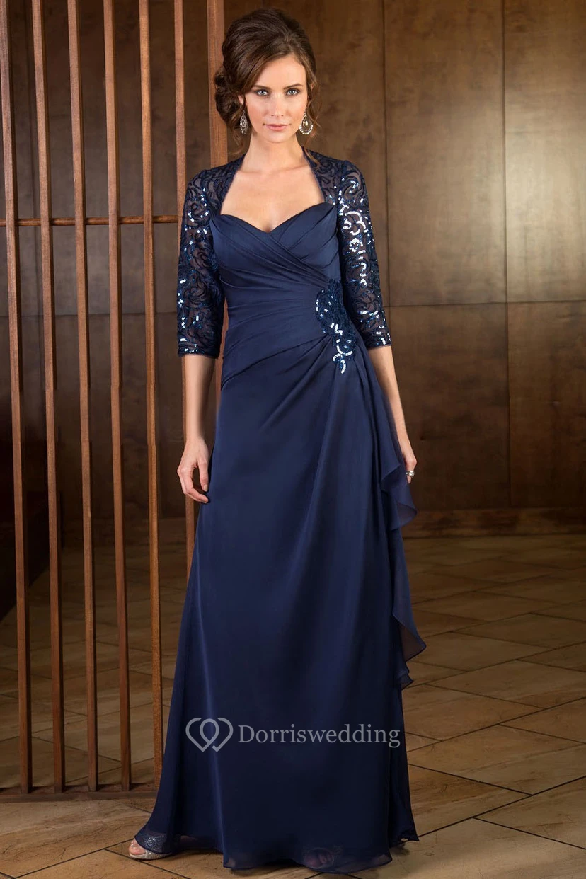 3-4 Sleeved Long Mother Of The Bride Dress With Ruffles And Sequins view 3