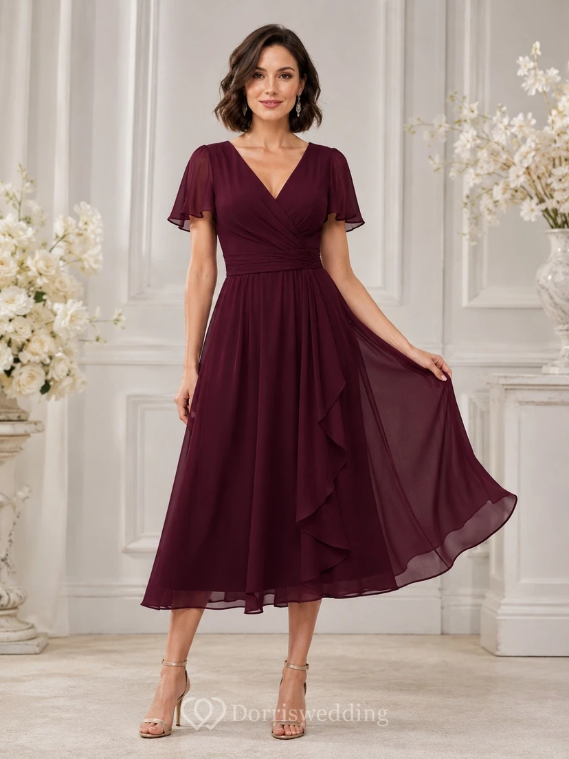 Vestido formal de gasa burdeos con escote en V, manga corta y corte en A, largo hasta la rodilla, de elegancia discreta.