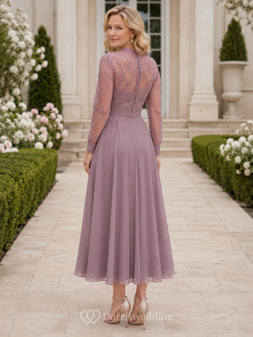 Vintage-Kleid in Mauve mit hohem Kragen, Illusionsspitze, Dreiviertelärmeln und Teelänge – ideal für die Mutter der Braut view 2