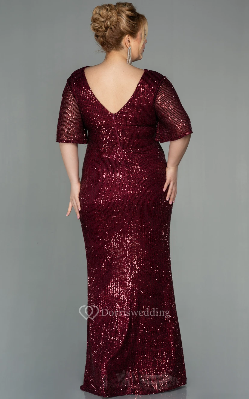 Poet-sleeve Empire Front Split Ruched Plus Size Mother of Bride Dress view 4