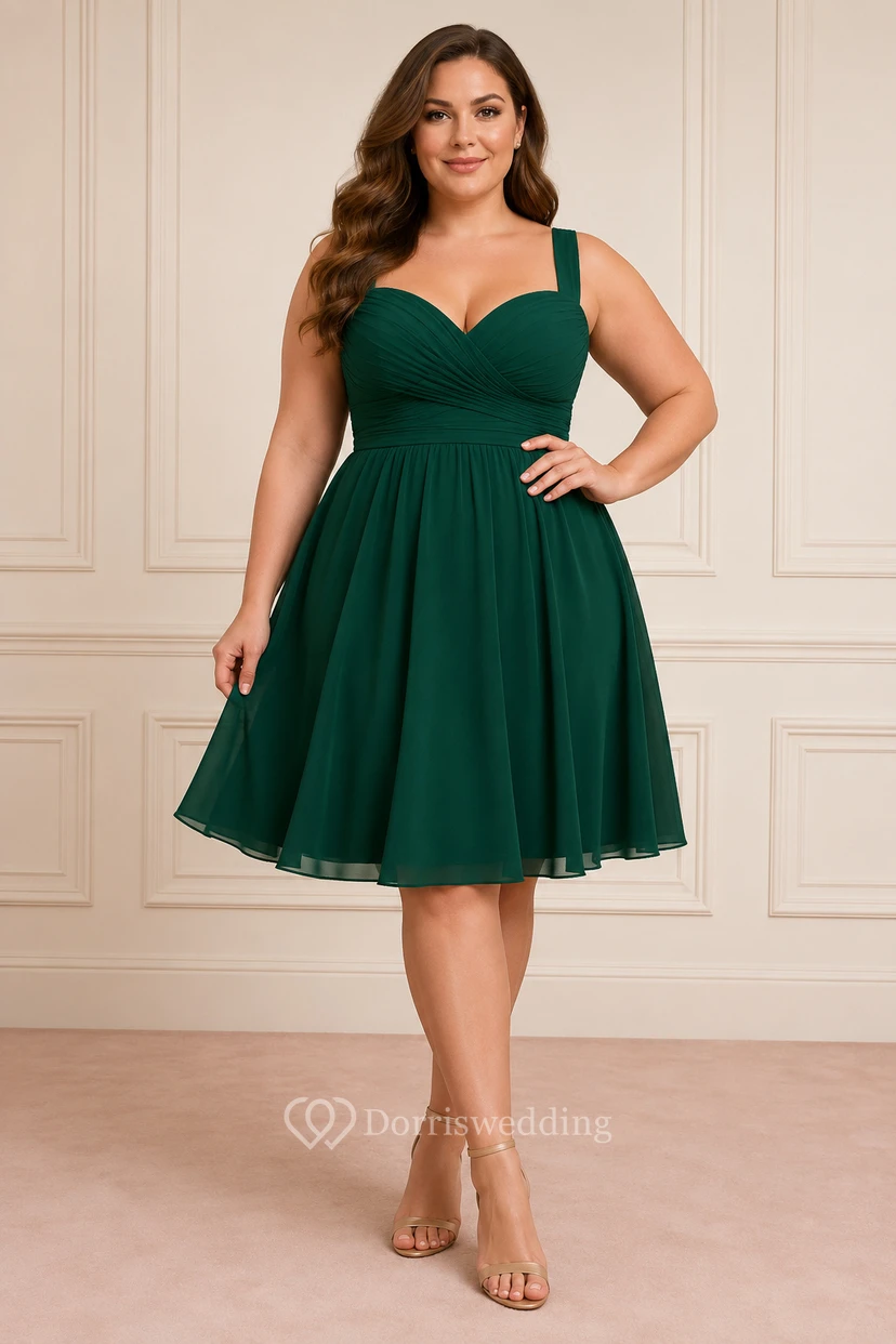 Dunkelgrünes Chiffon-Cocktailkleid in Übergröße, knielang, A-Linie, mit Trägern und herzförmigem Ausschnitt