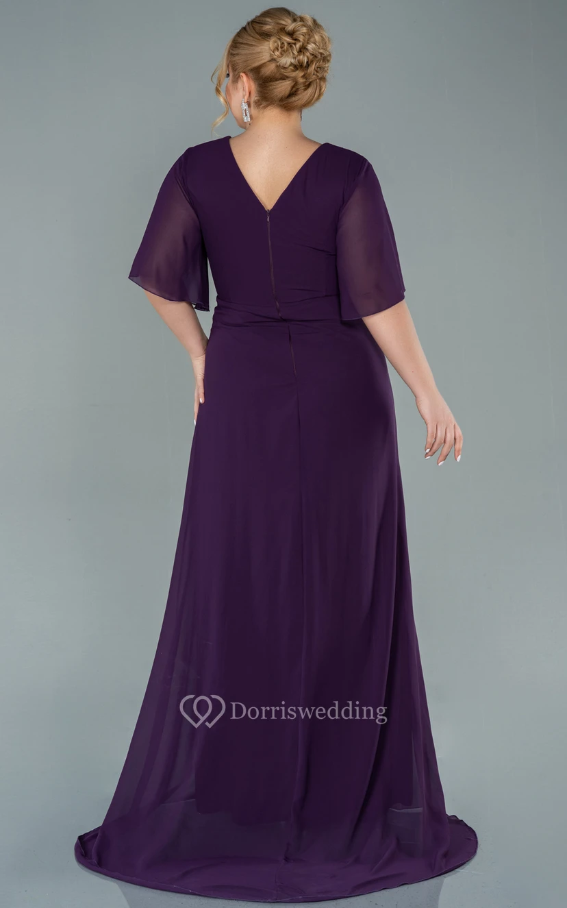 Elegant Half-sleeve V-neck Empire Chiffon Slit Front Draped Plus Size Mother of Bride Dress view 2
