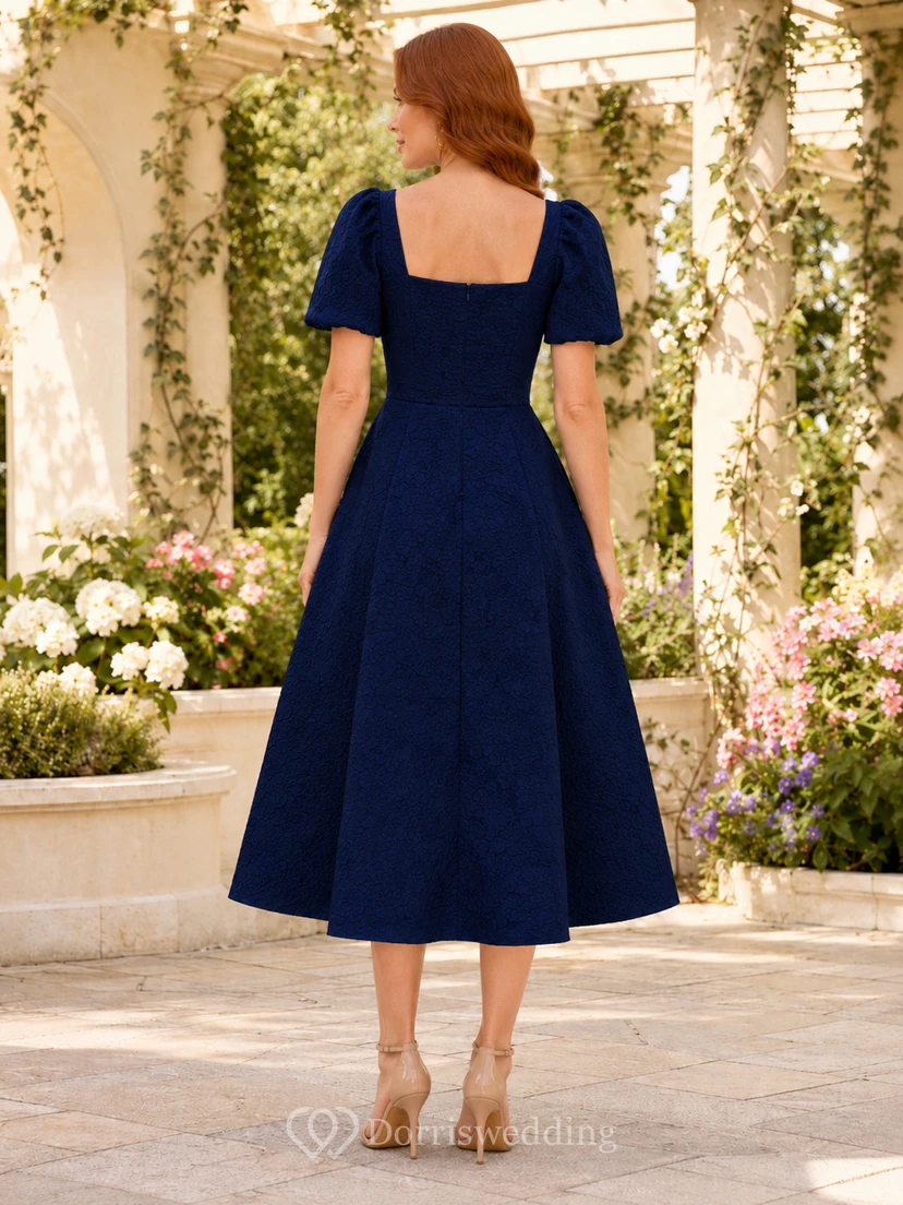 Dark Navy Outdoor Garden Wedding Guest Dress A-Line Satin Taffeta Square Neck Short Sleeve Knee-Length Modest view 2