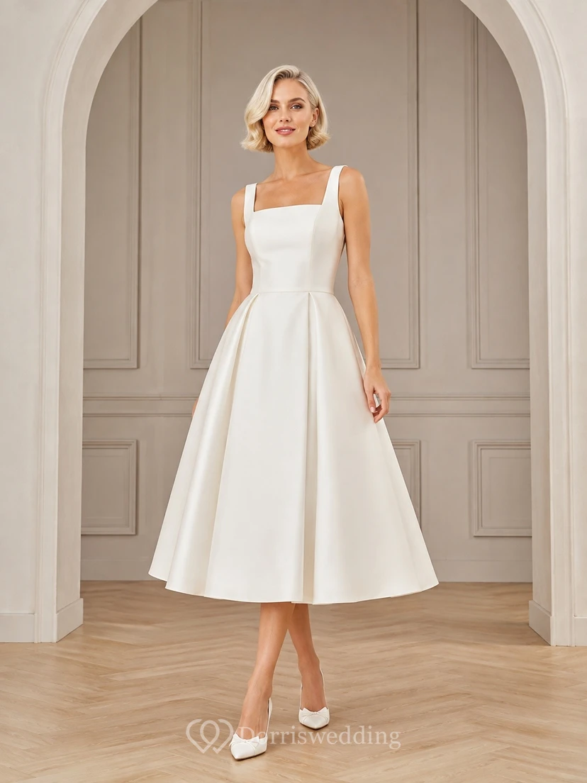Simple Bridal Satin Square Neck Sleeveless Tea-Length A-Line Wedding Dress