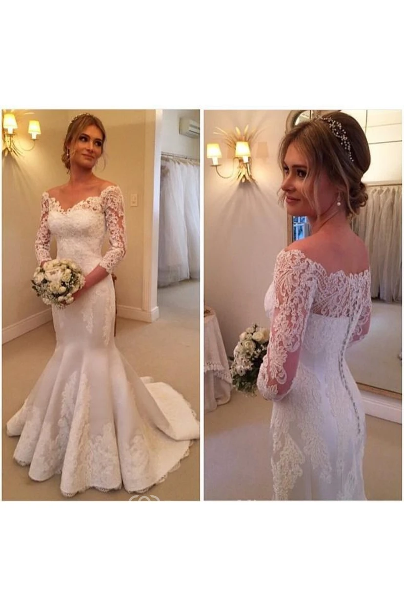 Modern Off-the-shoulder 3-4-longth-sleeve Mermaid Wedding Dress With Lace Appliques view 3