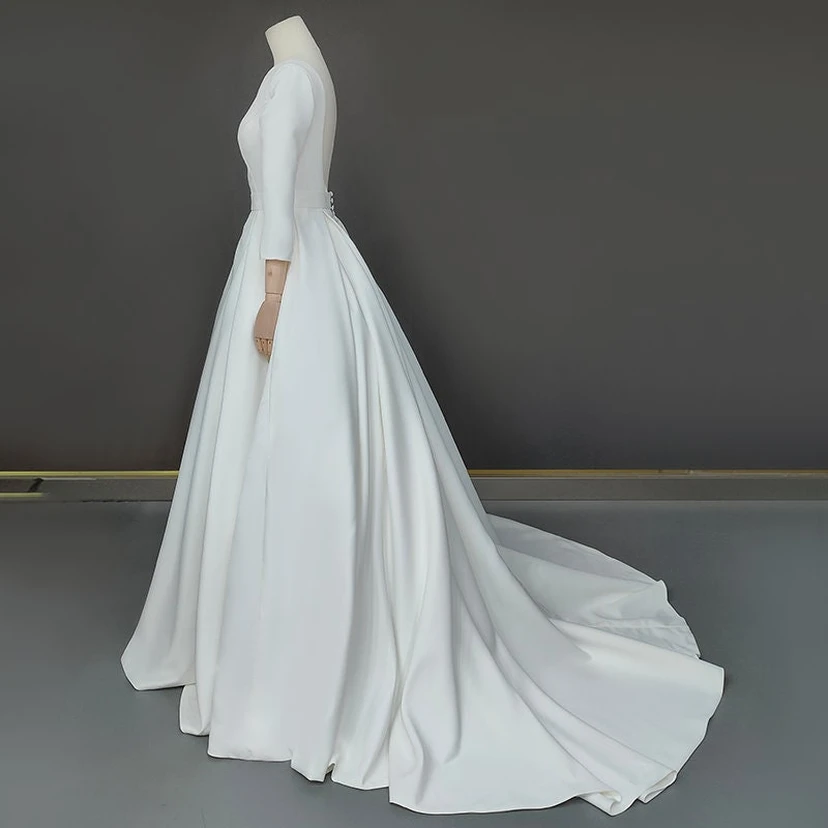Vestido de novia liso de corte A, manga larga, satén, modesto view 5