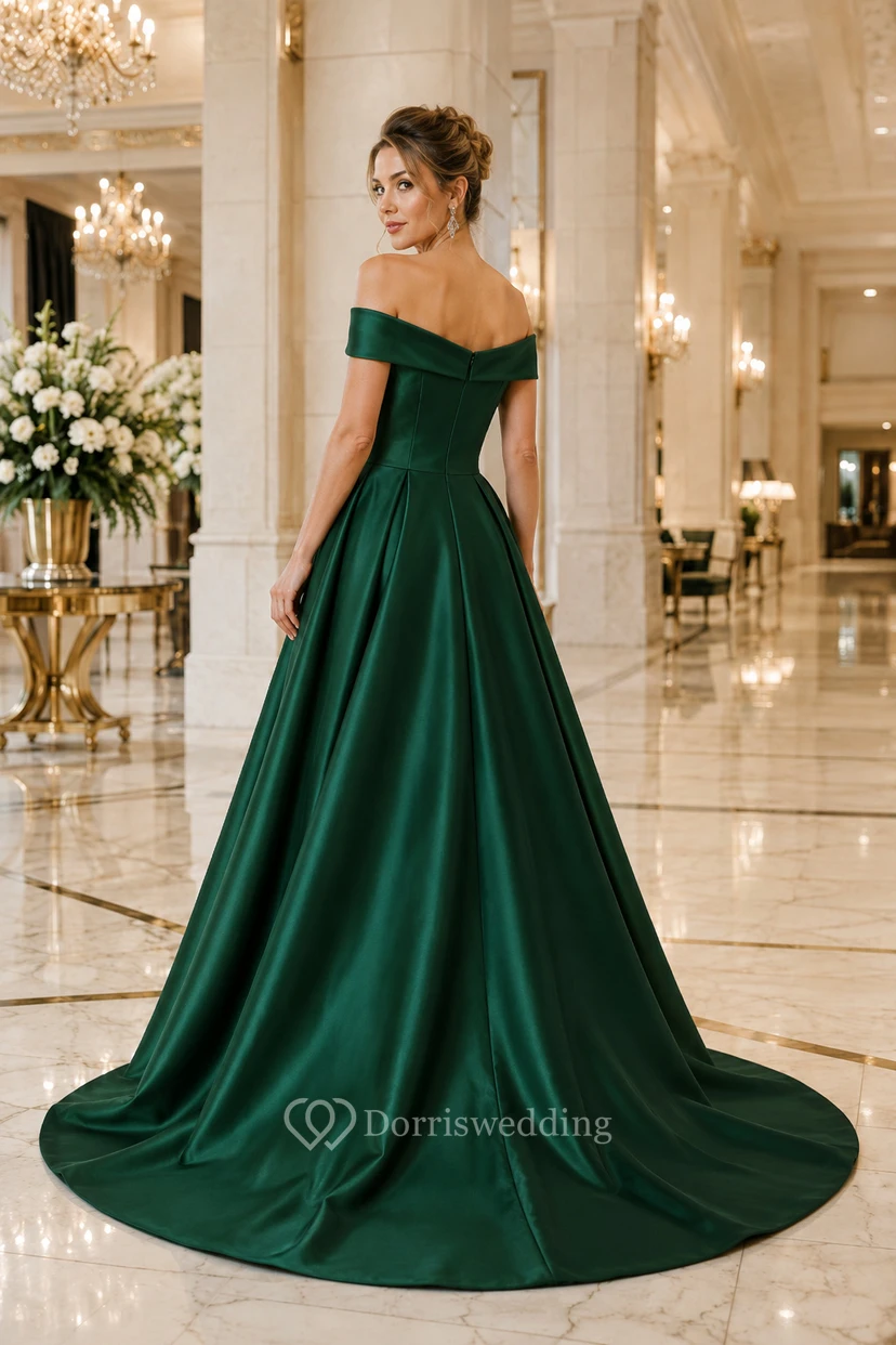 Abendkleid, dunkelgrünes Satin-Ballkleid, schulterfrei, kurze Ärmel, Schleppe view 2