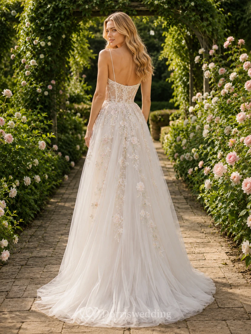 Floral Applique Tulle Botanical Bridal A Line Gown view 2