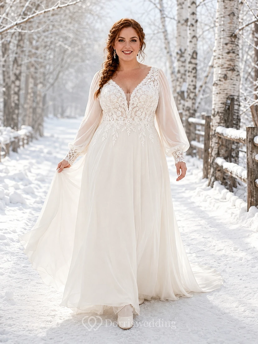 Plus Size Langarm-Chiffon-A-Linien-Winter-Hochzeitskleid im Boho-Stil mit V-Ausschnitt