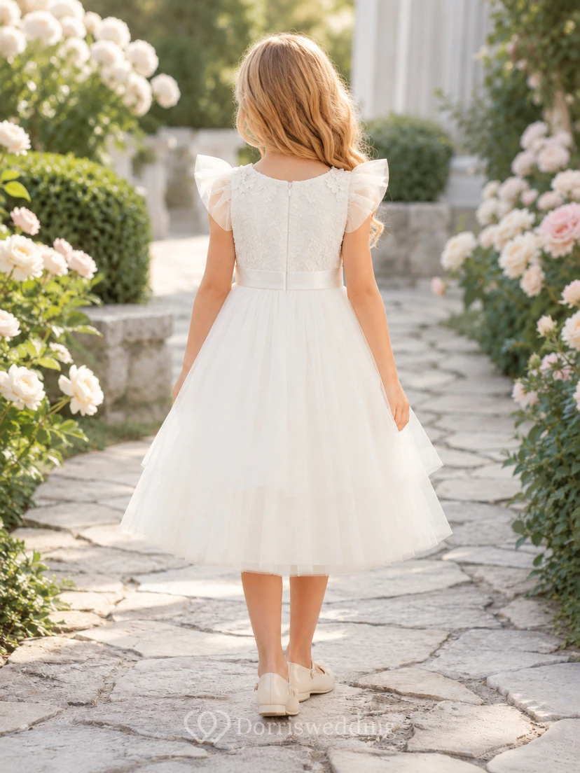 Adorable vestido de tul hasta la rodilla con mangas acampanadas y cuello joya, corte A, ideal para niñas de las flores. view 2