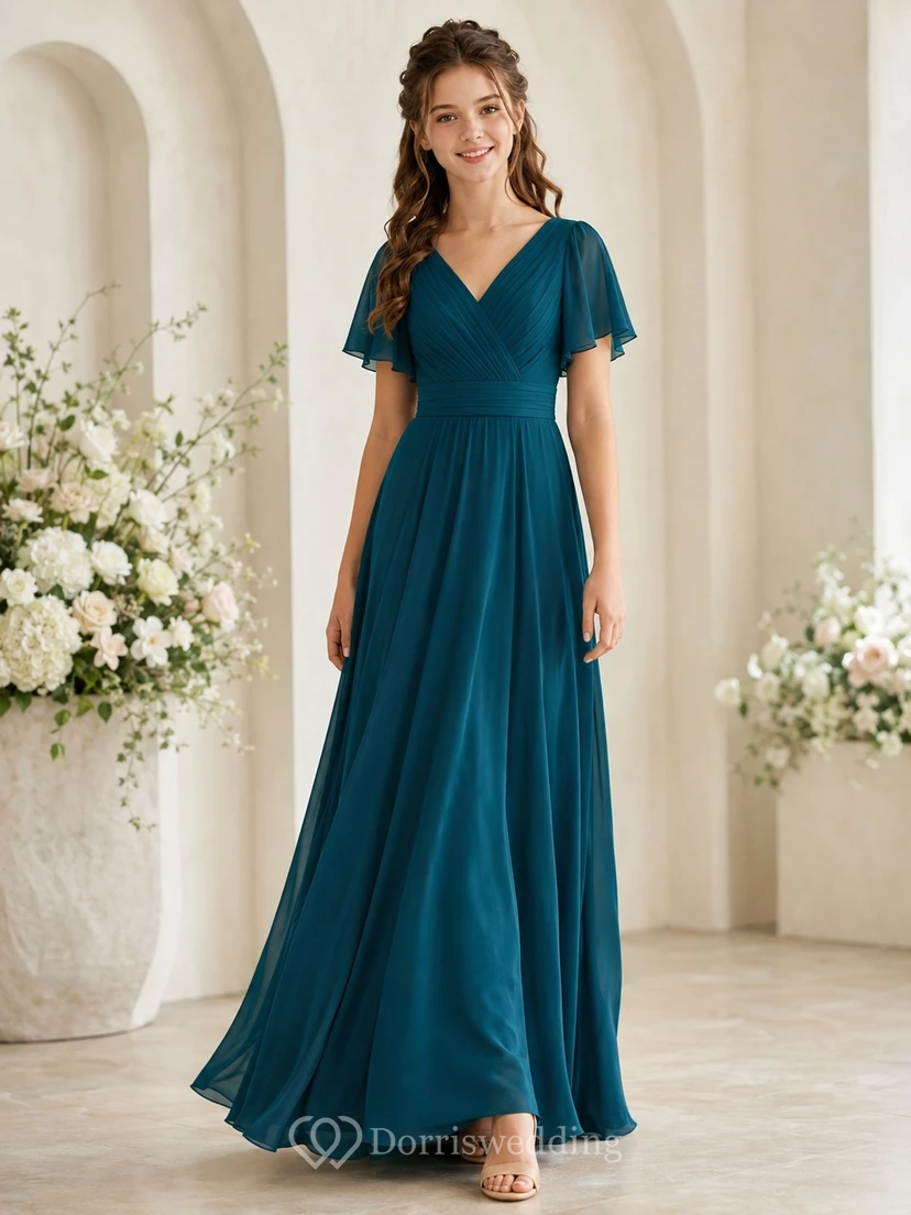 Vestido de dama de honor juvenil Peacock, corte en A, escote en V, manga corta, elegante y formal.