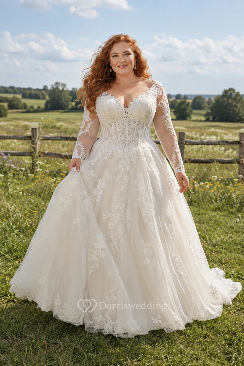 Plus Size Langarm-Hochzeitskleid aus Spitze in A-Linie