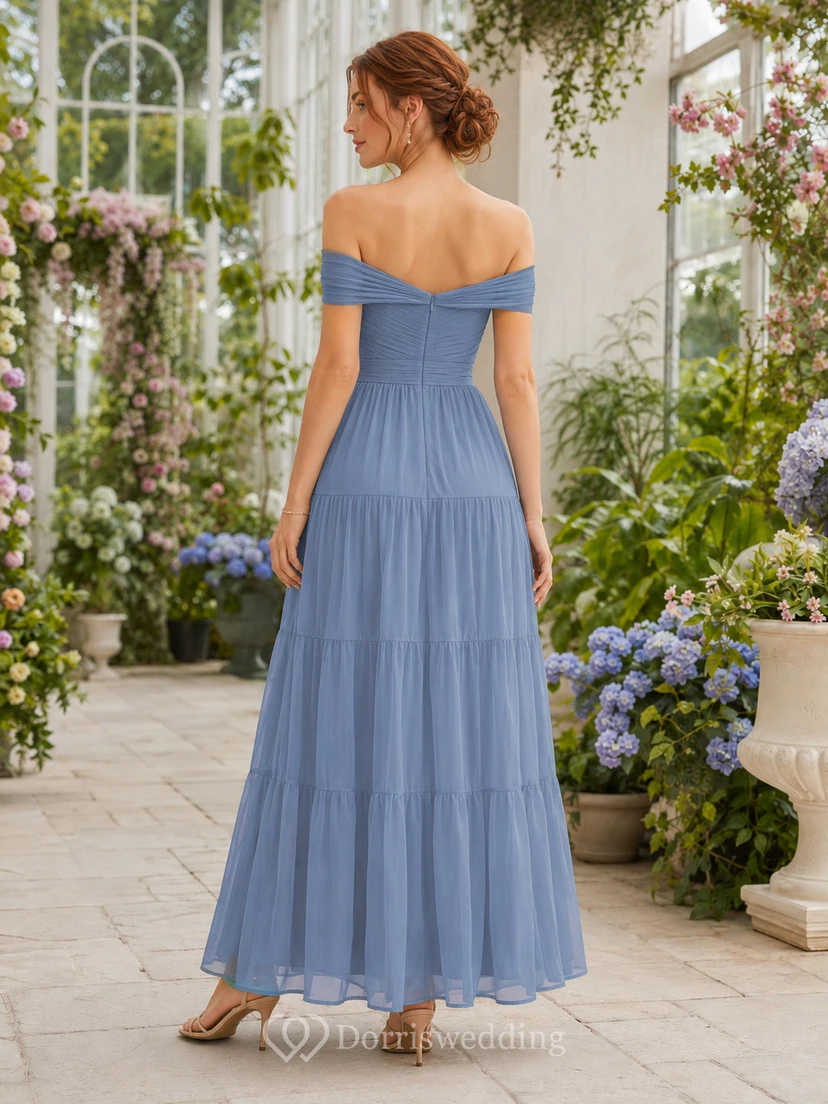 Steel Blue Garden Wedding Guest Dress A-Line Chiffon Tulle Off Shoulder Sleeveless Tea-Length Tiered view 2