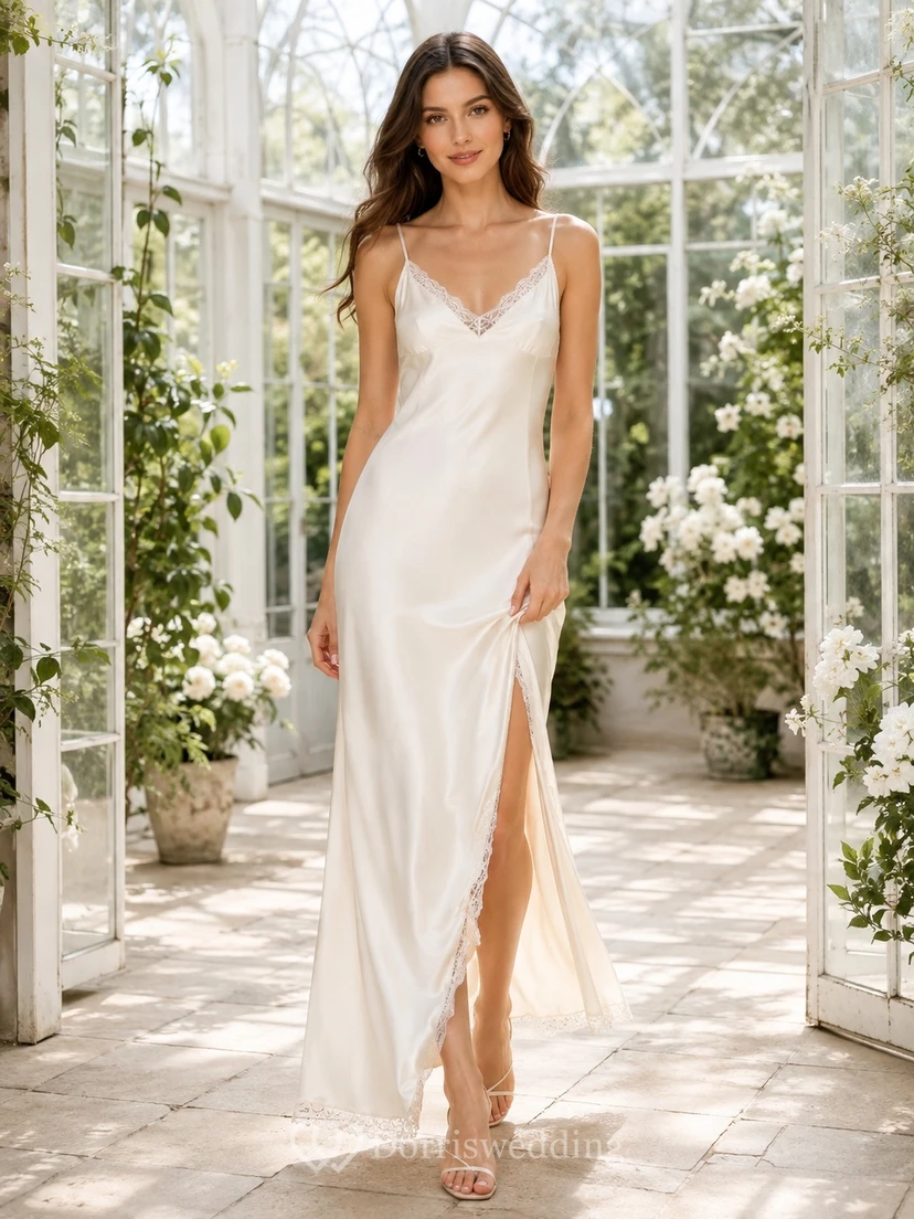 Vestido de novia romántico de satén con escote en V, ribete de encaje y tirantes finos, largo hasta el suelo.