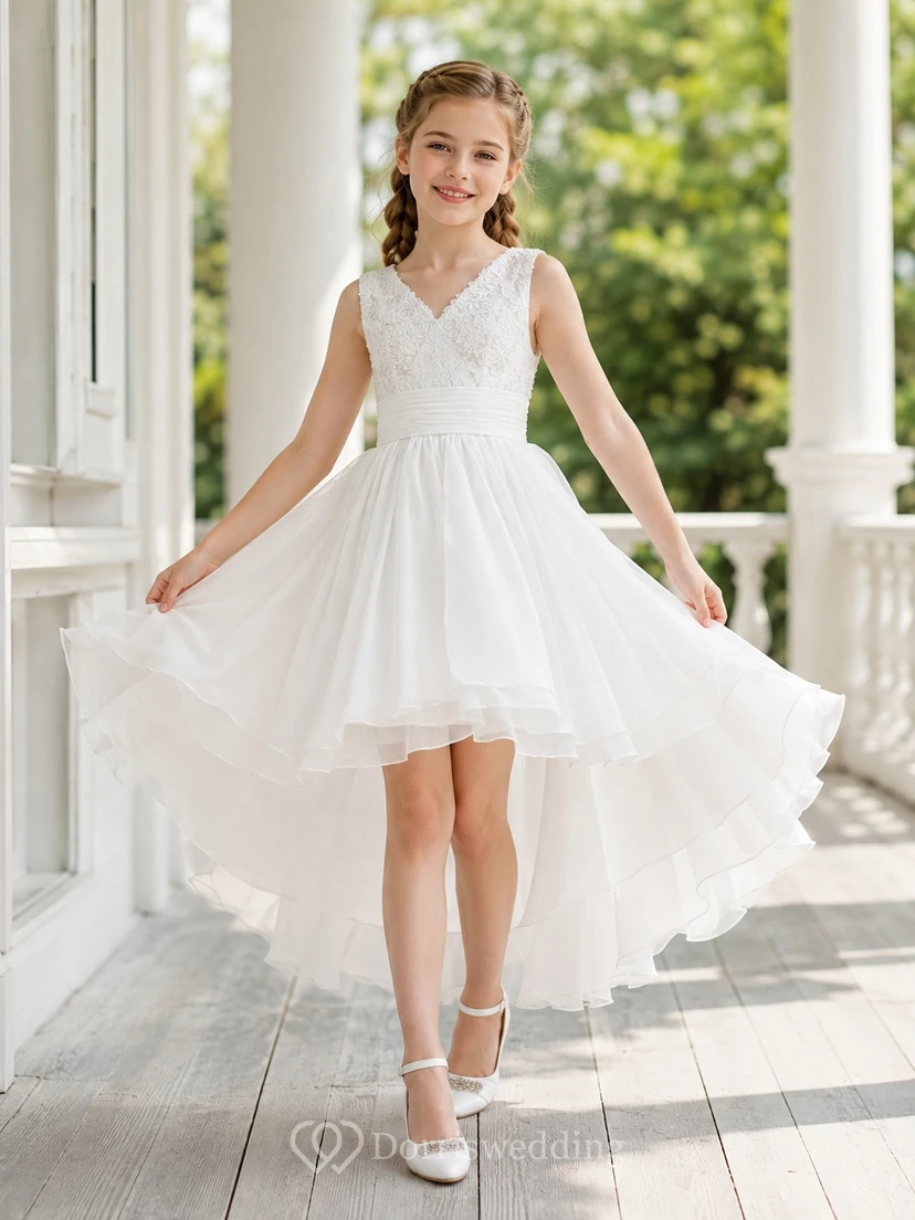 White Tulle V-Neck Sleeveless Ruffled High-Low Flowergirl Dress